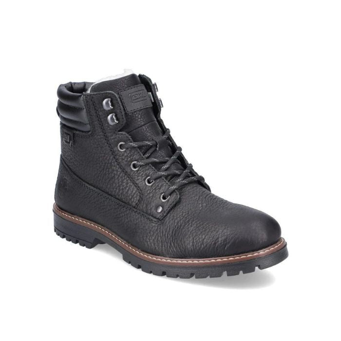 Men's black leather ankle boot with laces.