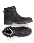 Top and side view of men's black leather ankle boot with laces. Boot has white fur lining and inside zipper.