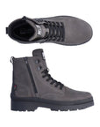 Grey combat boot with balck laces, outside zipper and lugged outsole. R-evolution by Rieker logo on tongue