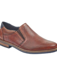 Brown textured slip-on loafer with contrast welt stitching, a navy heel counter and elastic side goring.