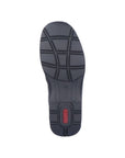Black outsole of Rieker boot with red RIeker logo imprinted in heel.