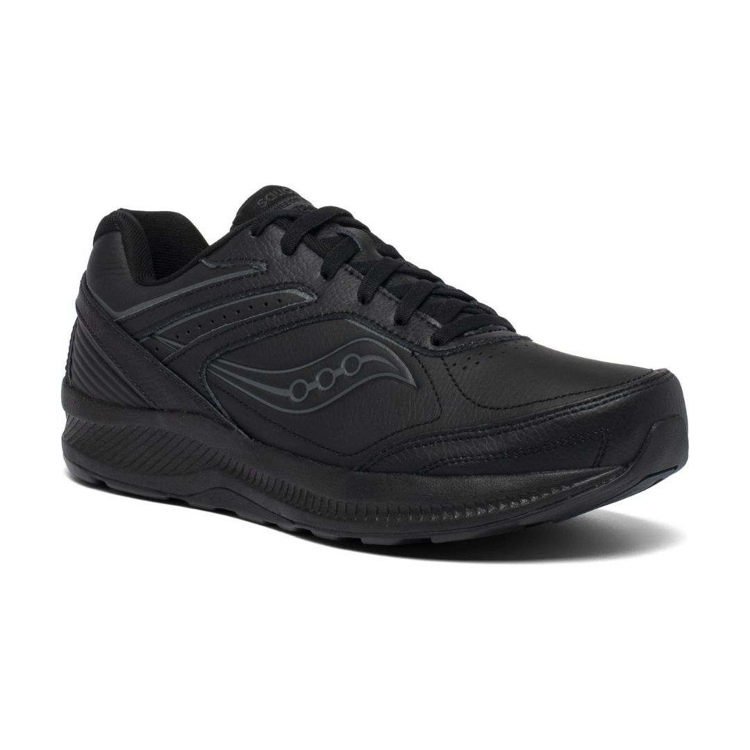 Black leather lace up sneaker with Saucony logo on side
