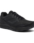 Black leather lace up sneaker with Saucony logo on side