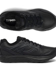 Top and side view of black leather lace up sneaker with Saucony logo on side