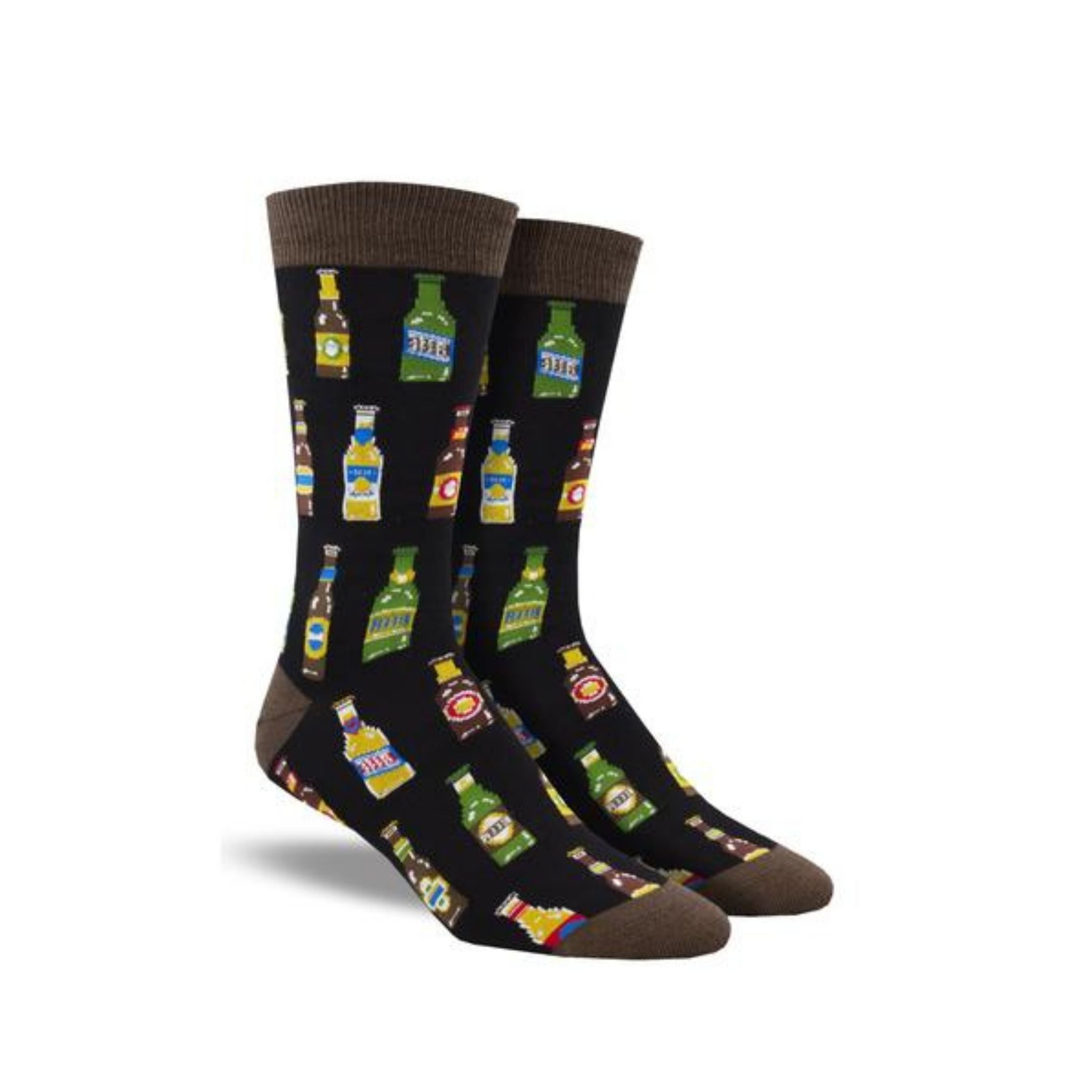 Black socks with brown accent toe, heel and top band with glass bottle pattern
