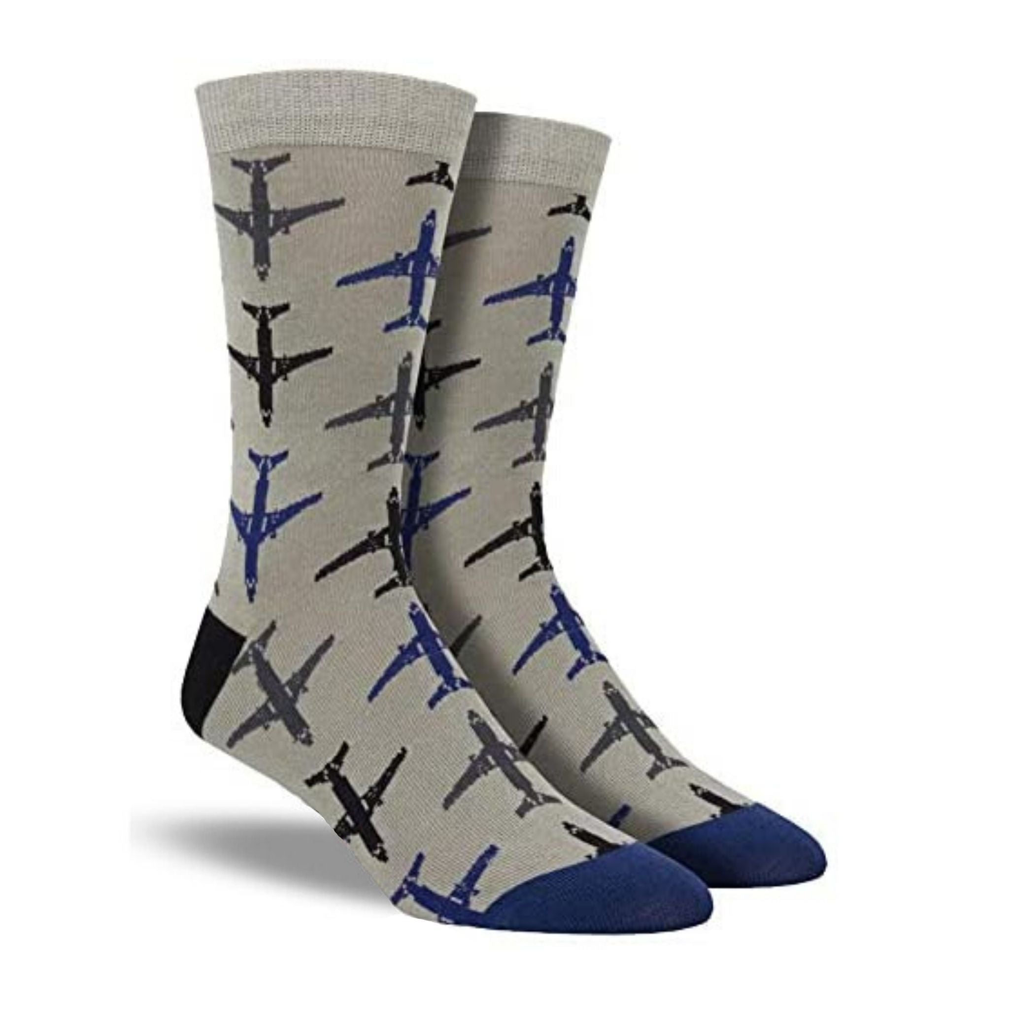 A pair of grey bamboo crew socks with blue and grey airplanes on them. Made by Socksmith.
