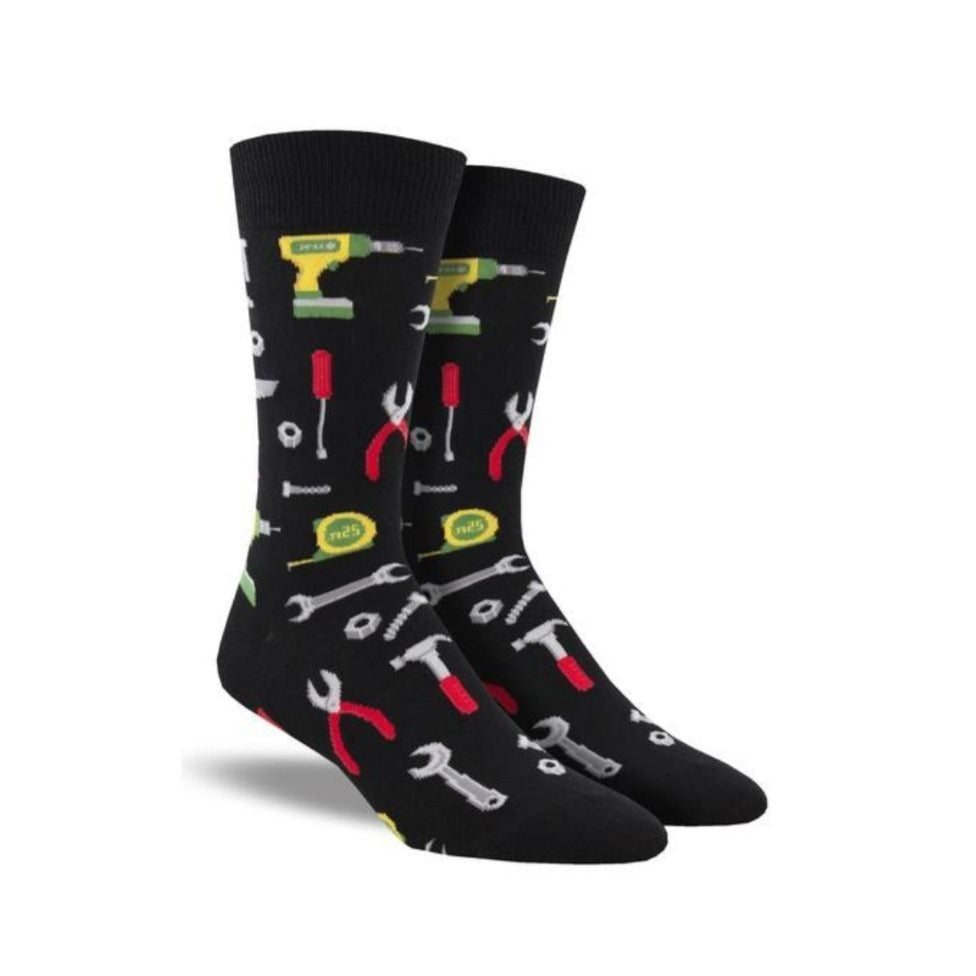 Black socks with various work tool pattern.