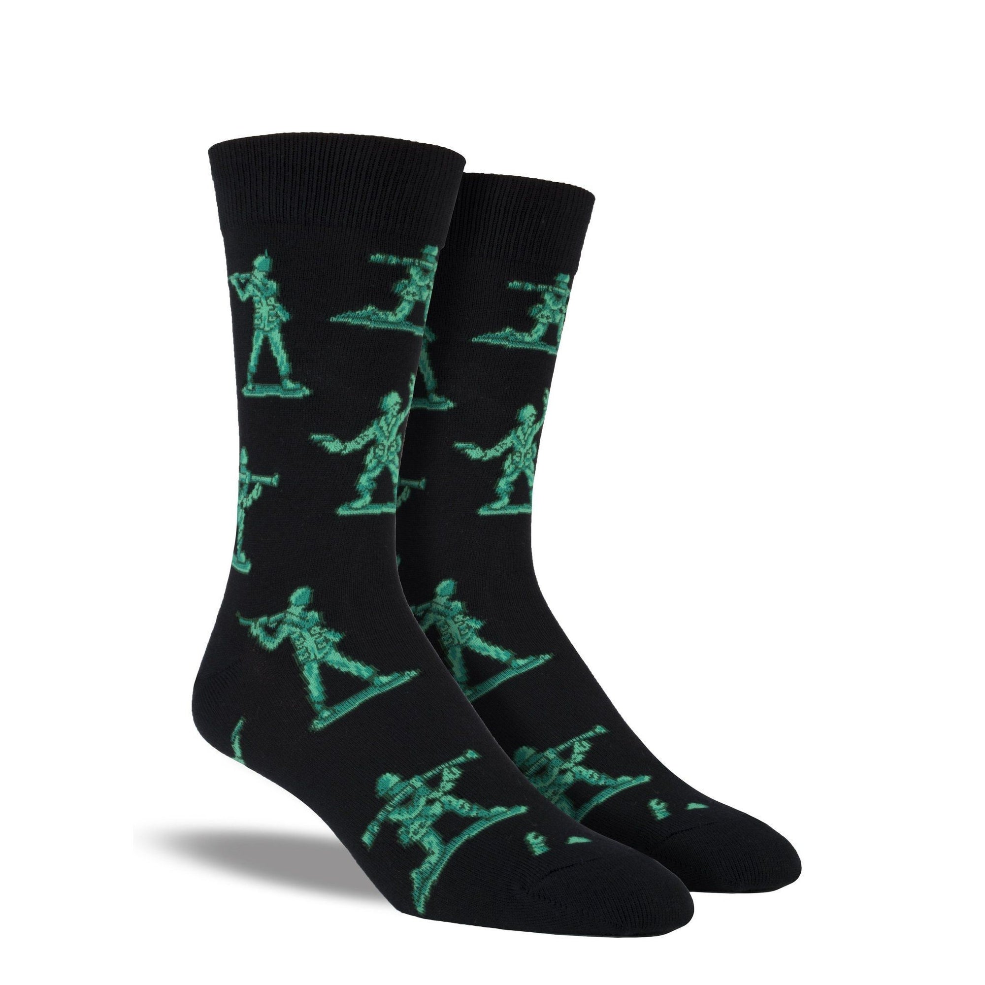 Green toy soldier graphics on black crew socks.