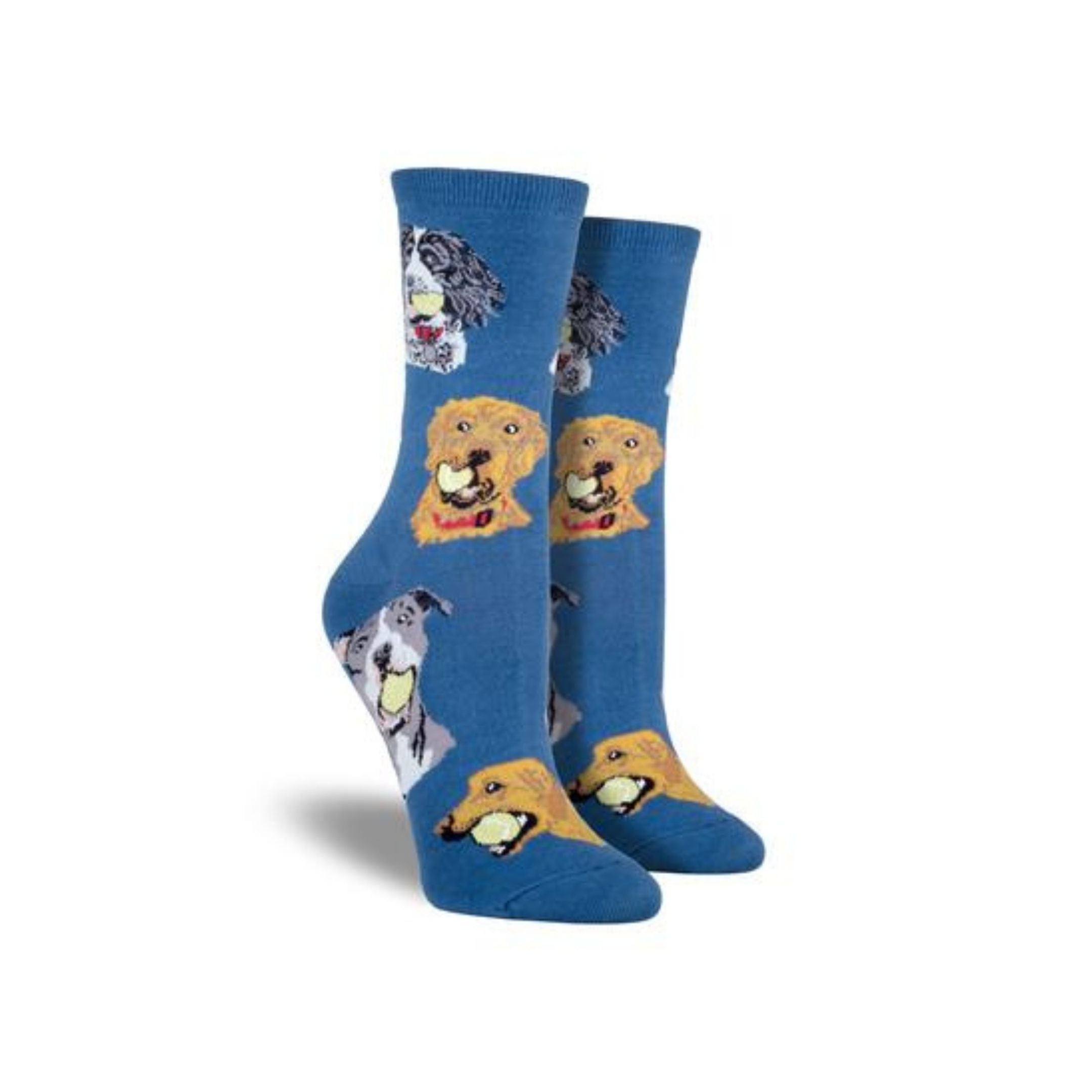 light blue socks with dogs holding a ball
