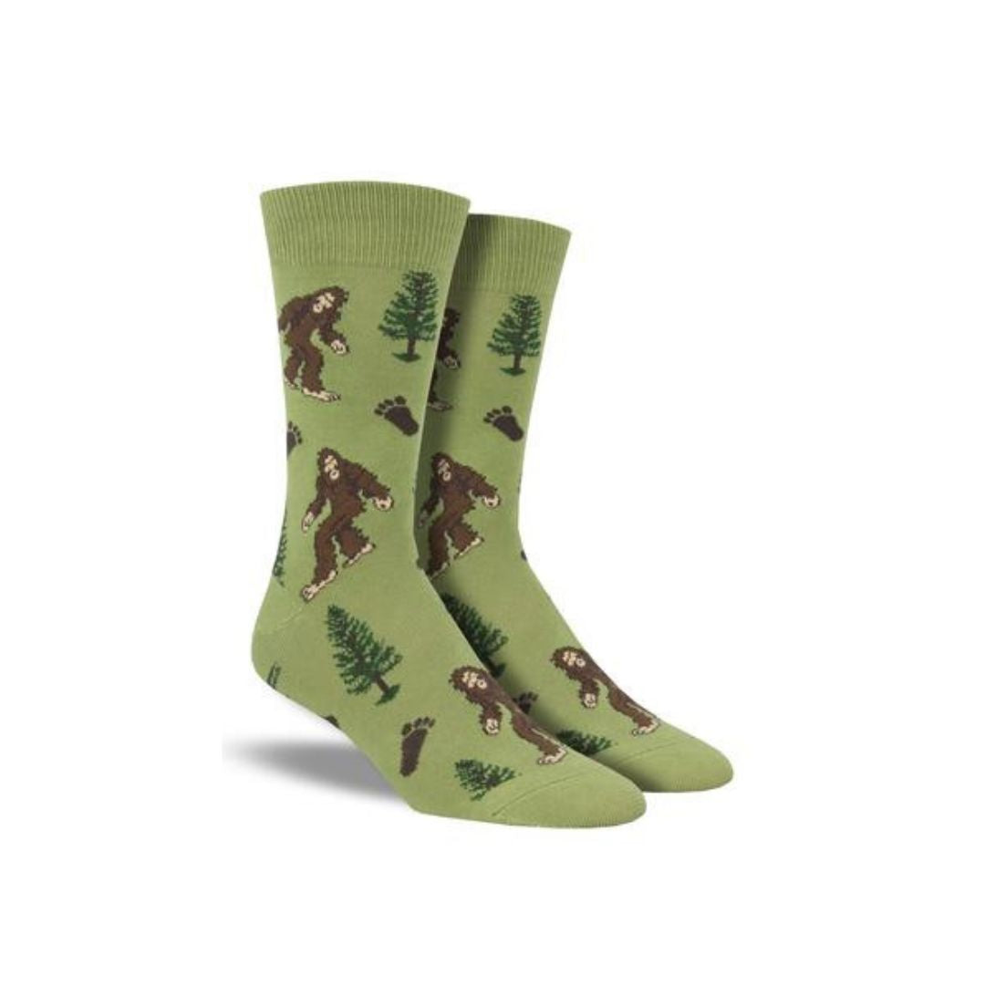 Green socks with Bigfoot and trees