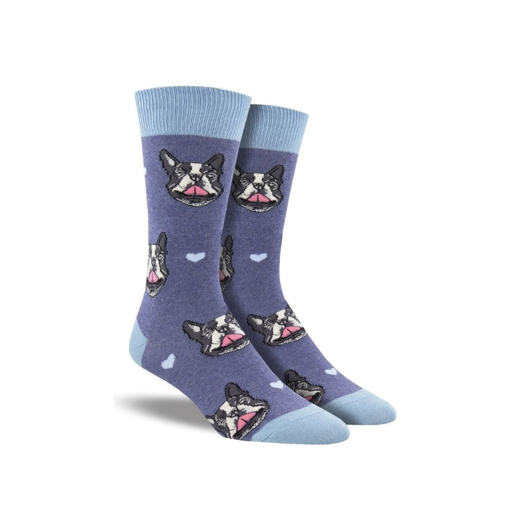 Purple socks with blue accents and french bulldog faces on them