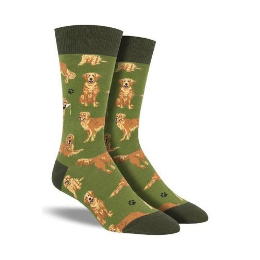 Green crew socks with golden retriever dog pattern and dark green cuff, heel and toe caps.