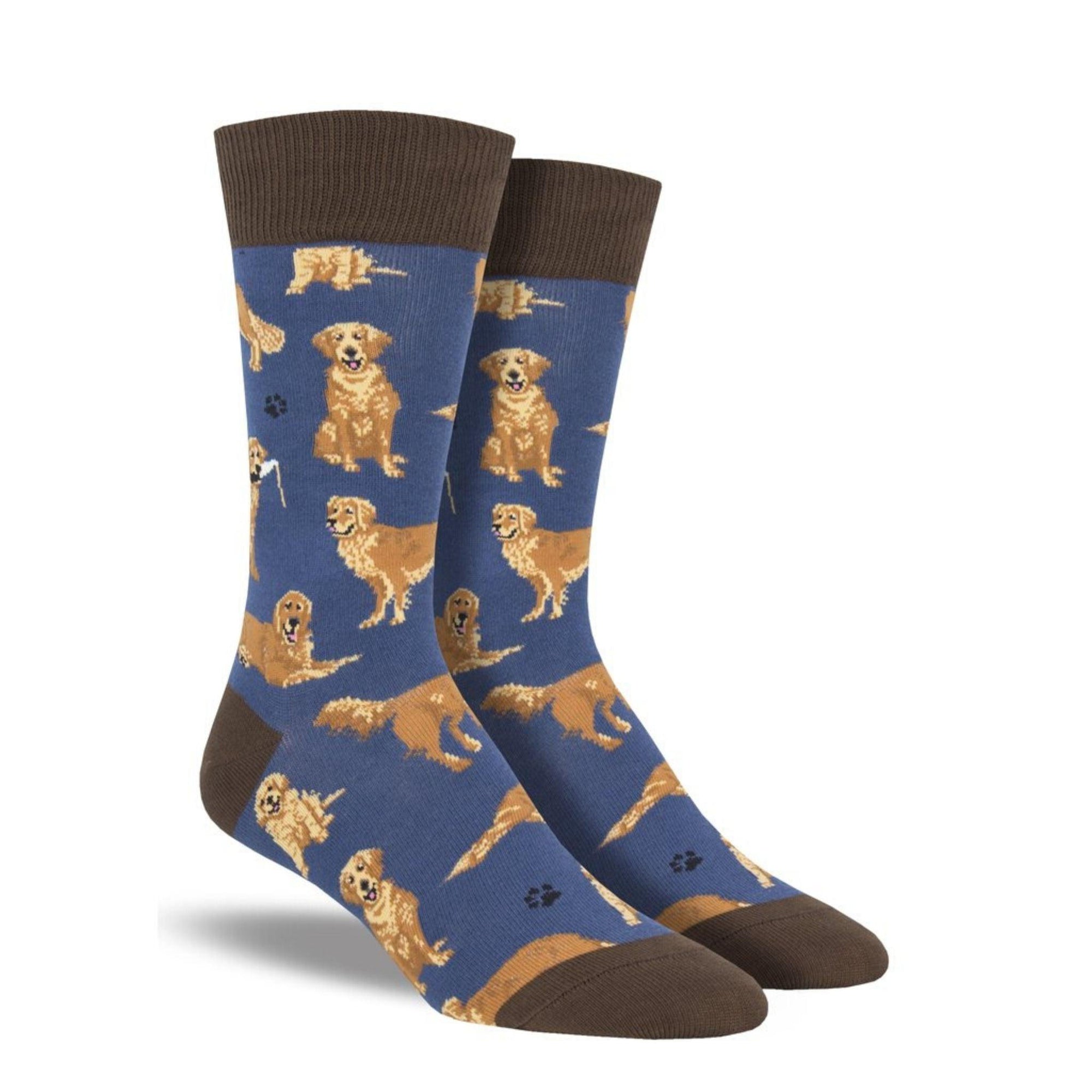Blue crew socks with golden retriever dog pattern and brown cuff, heel and toe caps.
