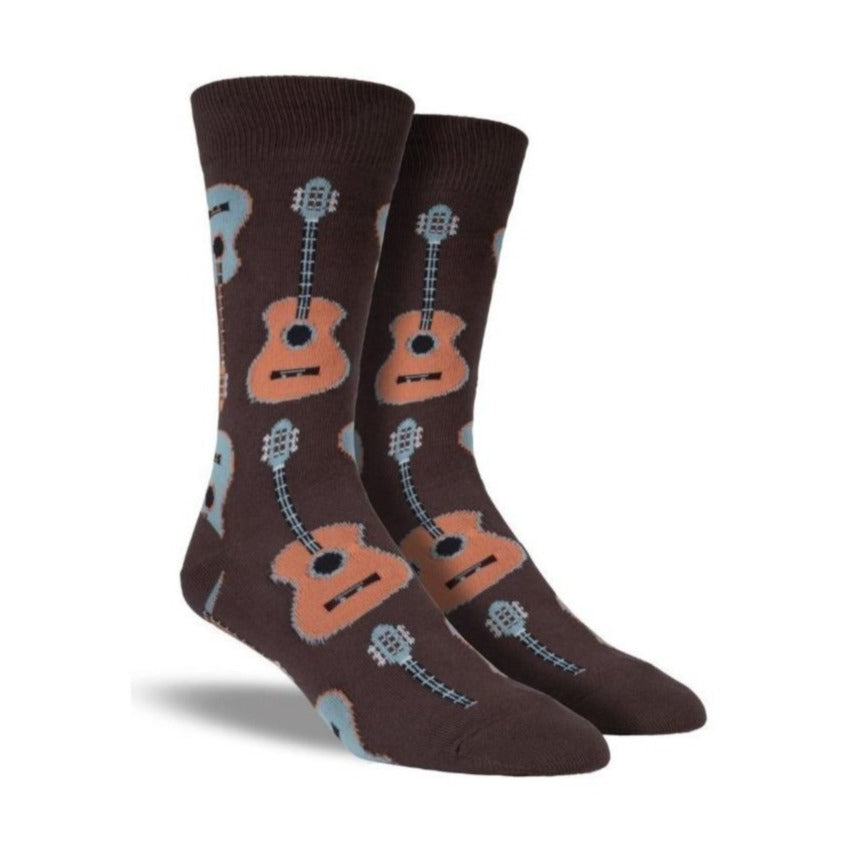 Brown socks with acoustic guitar pattern