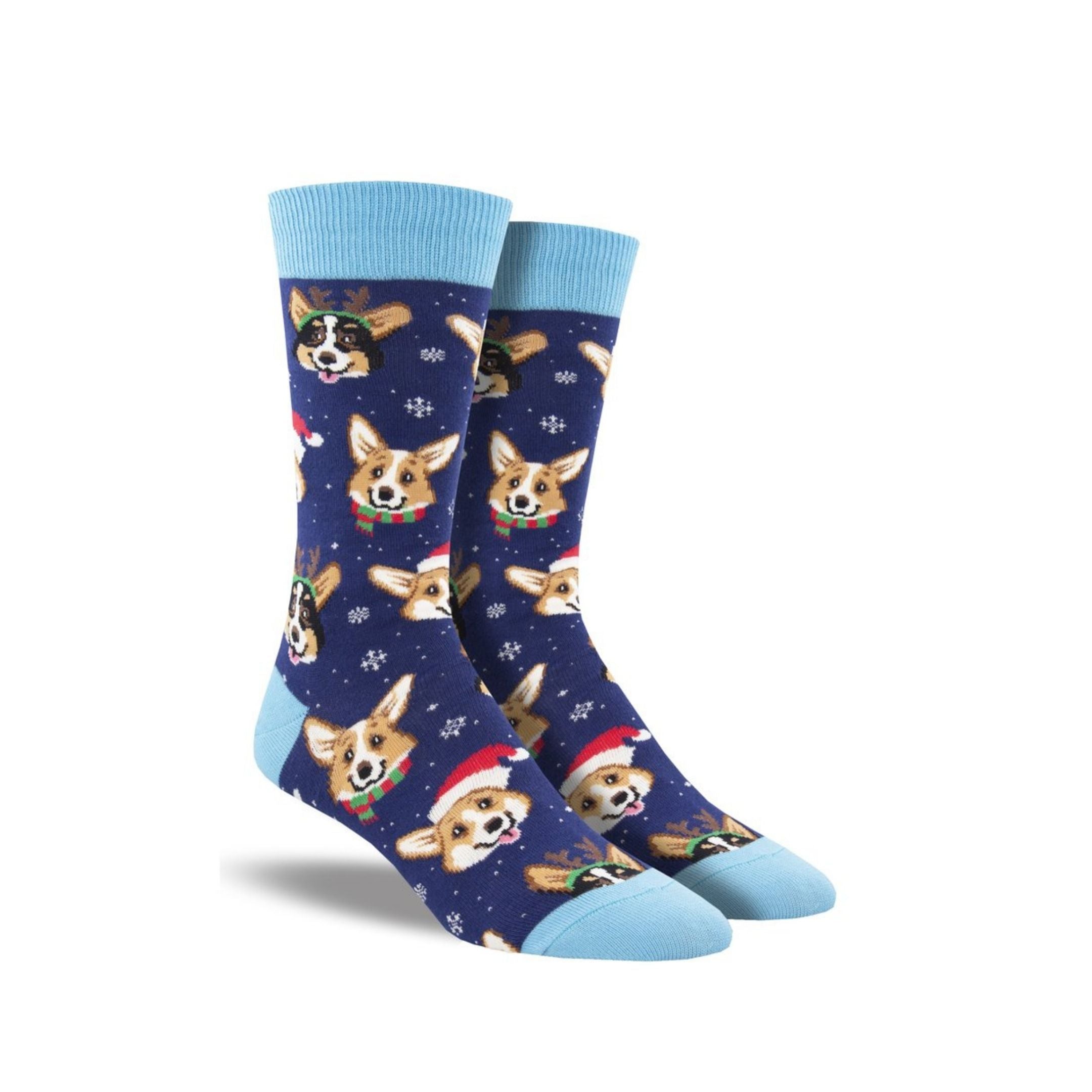 Dark and light blue socks with Holiday themed corgis on it
