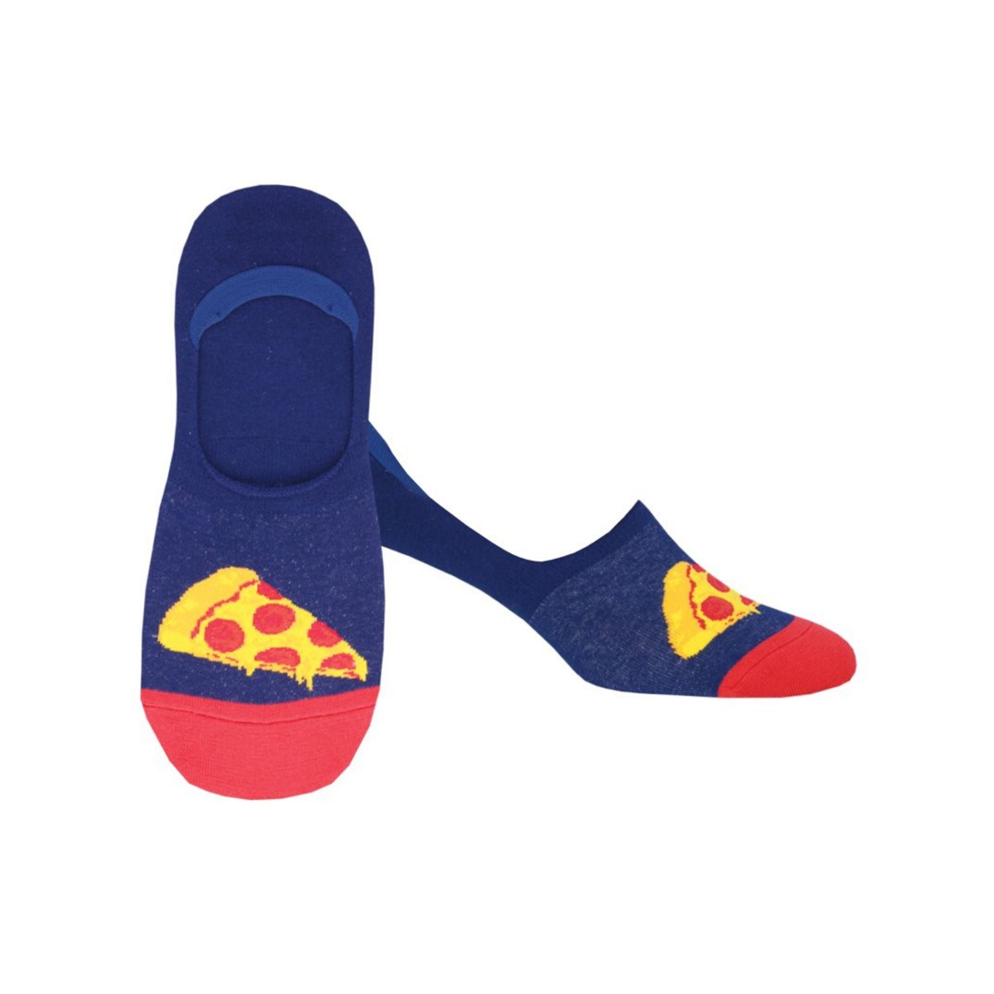 A pair of men's navy low cut, sock liners with a red toe and pizza print on top.
