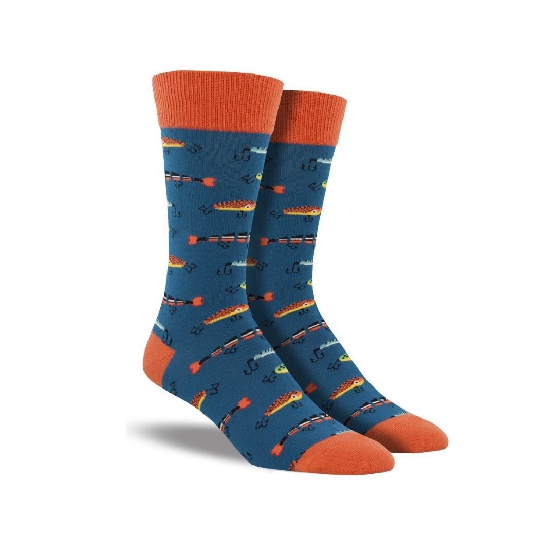 Blue socks with orange accents and fish lures on them