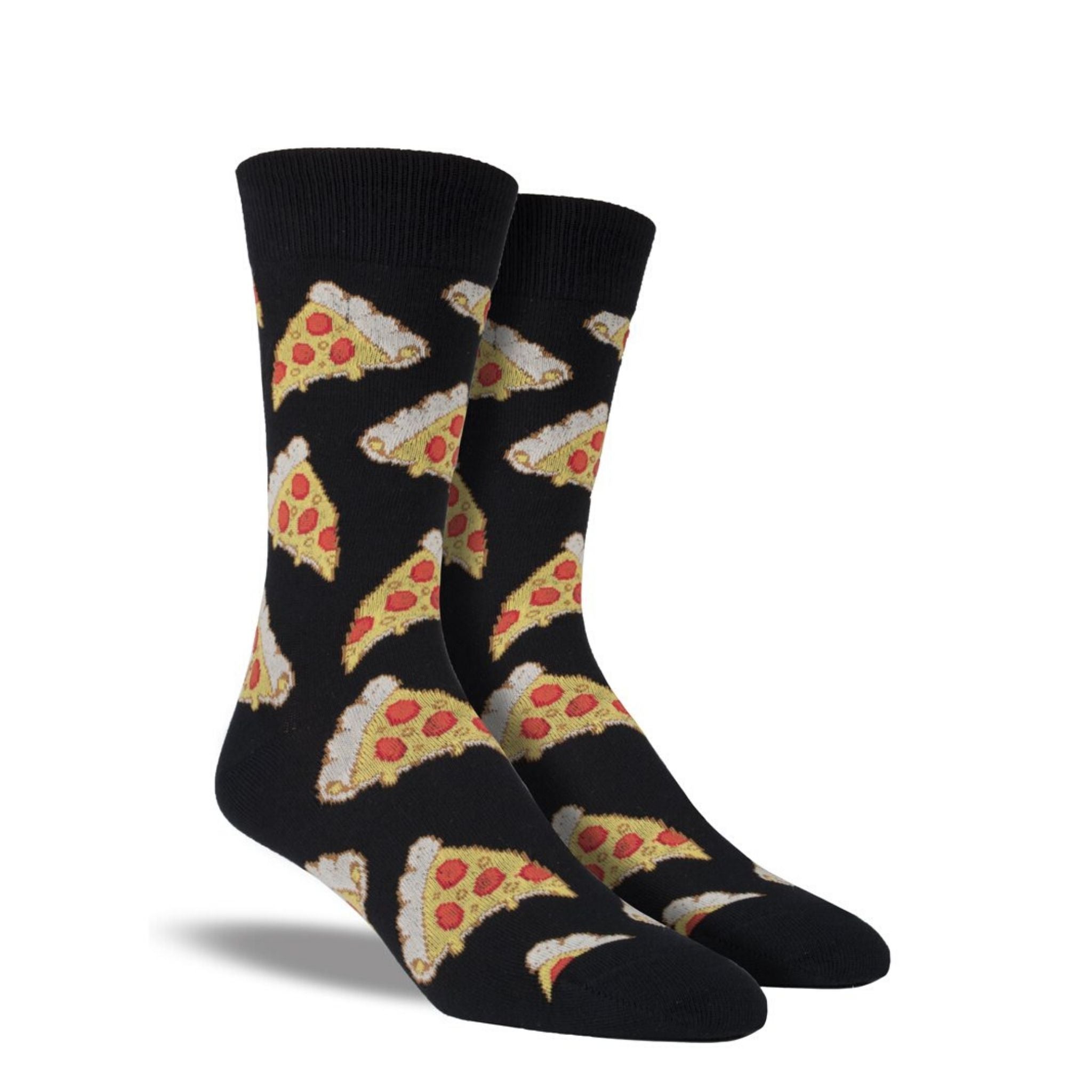 Black socks with pizza slice pattern
