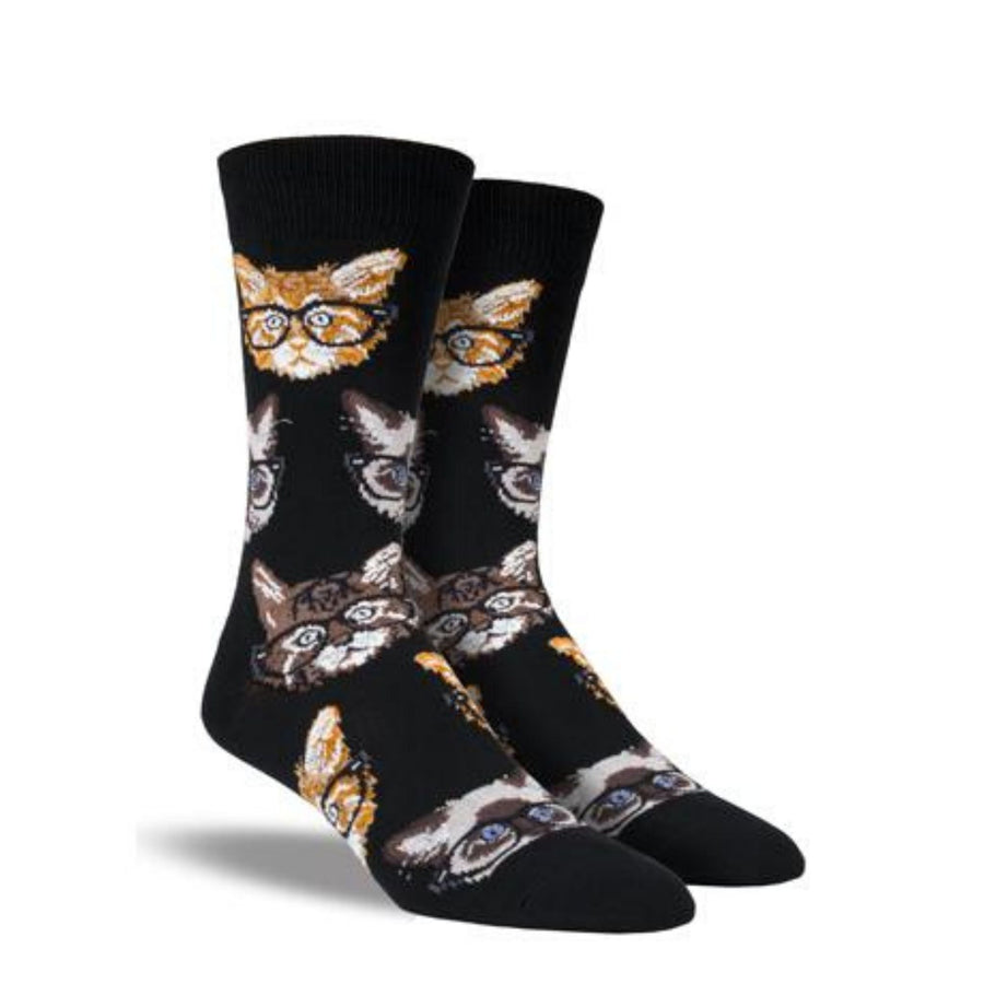 A pair of men's black crew socks with cat faces wearing glasses. 
