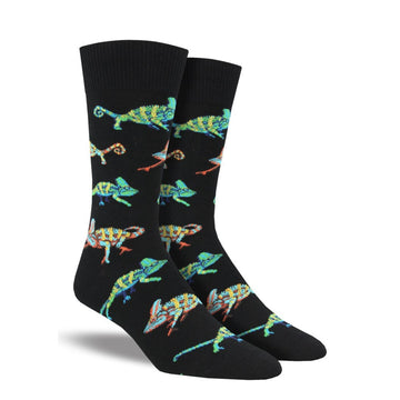 Black socks with multi colour chameleons on them