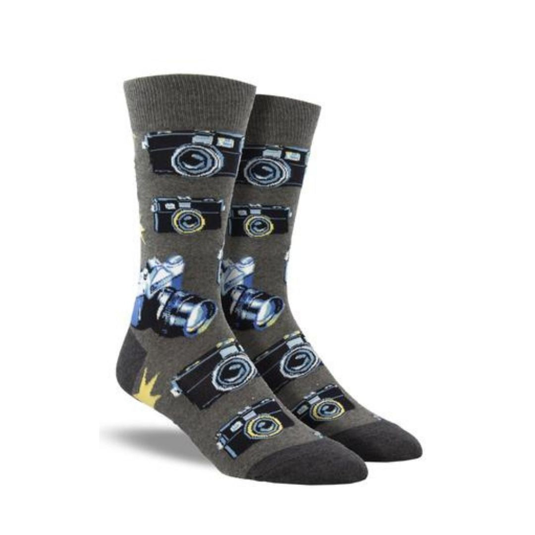 Men's Socksmith Picture Perfect Socks featuring vintage camera prints on dark grey cotton crew socks, ideal for photography lovers and gift giving.