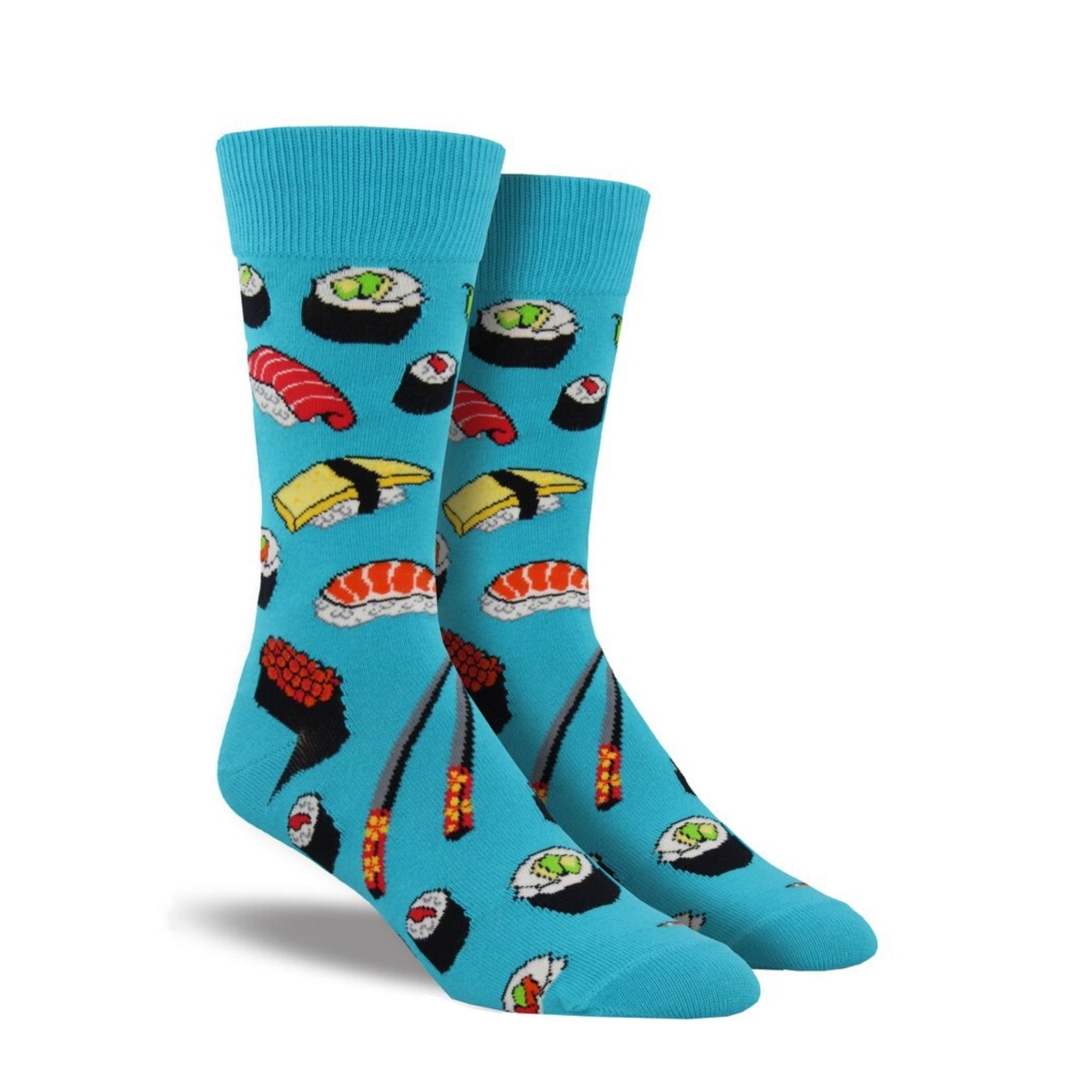 Blue socks with various sushi and chopstick pattern.