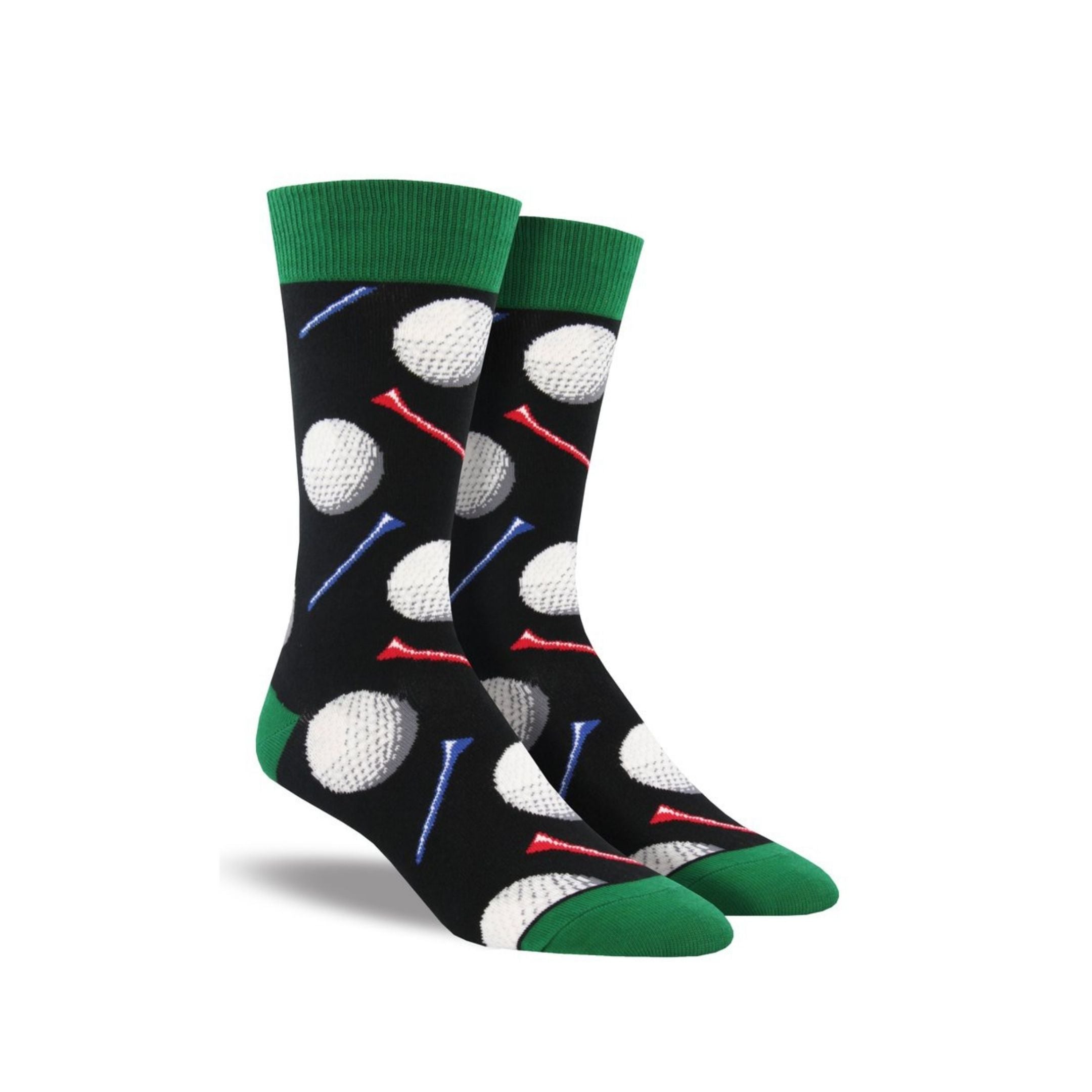 Black socks with green accents with golf balls and tees on them