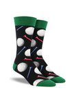 Black socks with green accents with golf balls and tees on them