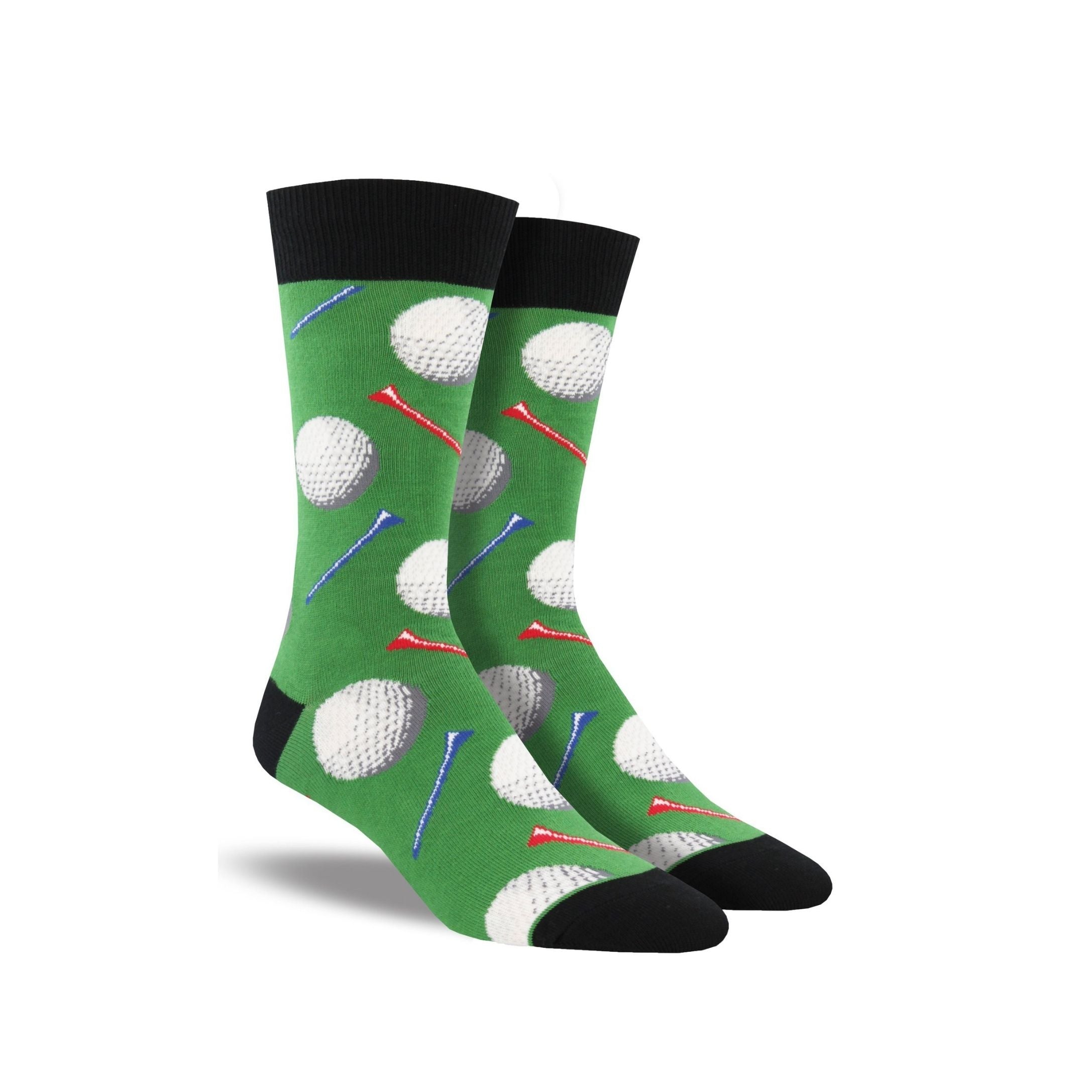 Green socks with black accents with golf balls and tees on them