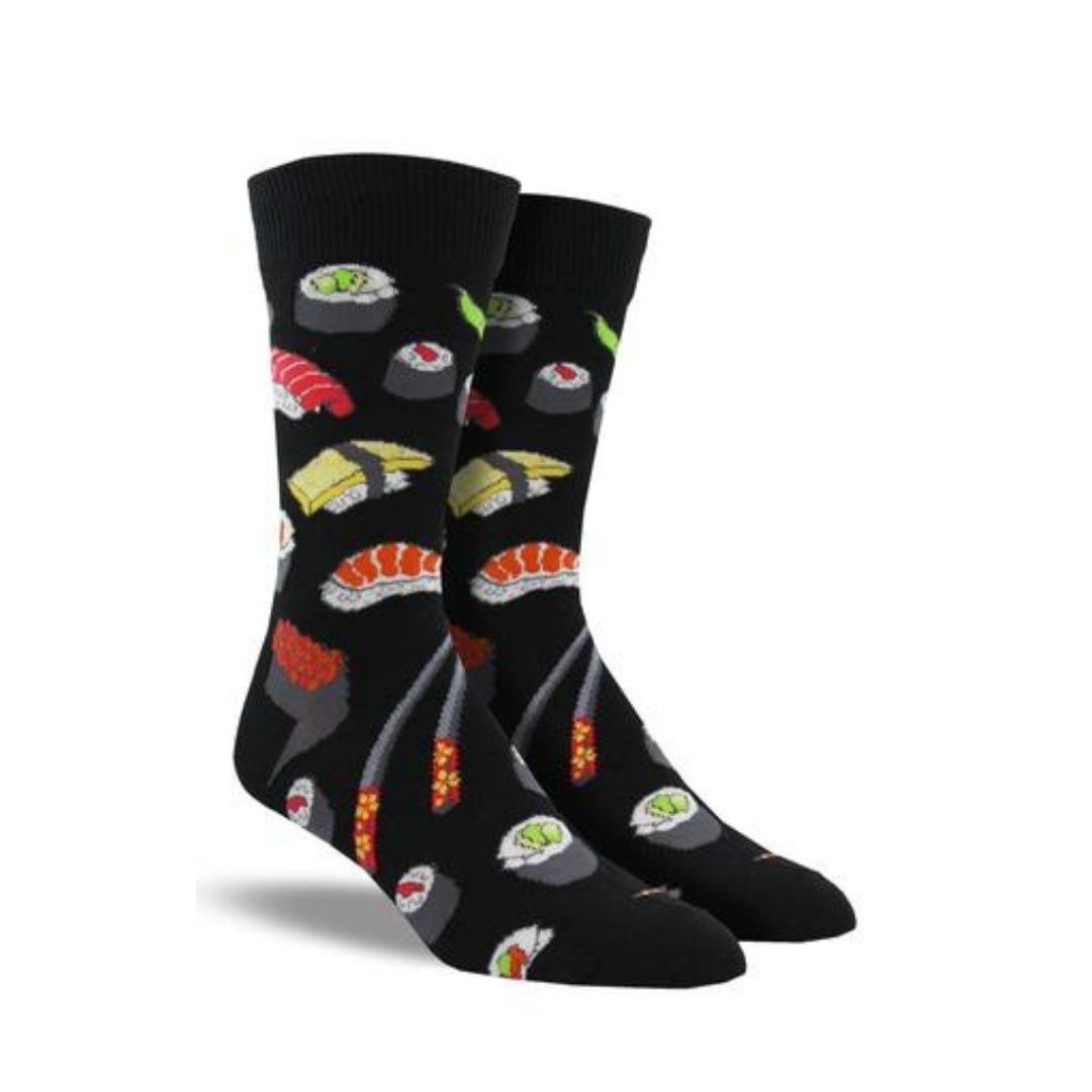Socksmith Men's King Size Sushi Socks feature colorful sushi rolls and nigiri on black cotton crew socks, ideal for food lovers and casual wear.