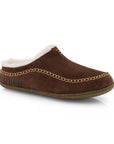 Brown suede slide slipper with contrast stitching and white faux fur lining