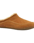 Camel suede slide slipper with contrast stitching and faux fur lining.