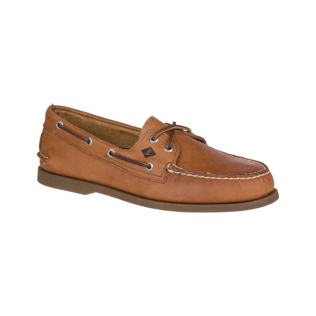 Brown leather oat shoe with leather laces and contrasting stitching.