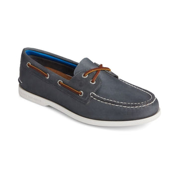 Navy leather boat shoe with brown leather laces and a white outsole