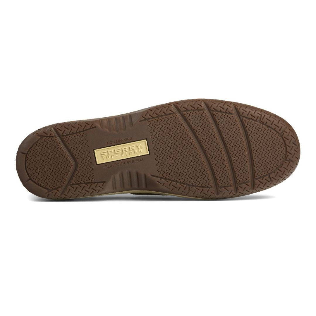 Brown outsole with traction. Sperry Top-Sider logo on center of outsole.
