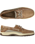 Top and side view of light brown boat shoe with laces. Sperry logo is on insole and top of tongue.