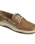 Light brown boat shoe with laces and contrast stitching.