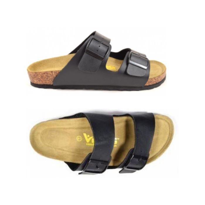 Top and side view of black Austin sandal with two buckle straps over foot and cork footbed by Viking