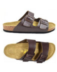 Top and side view of the brown Austin sandal with two buckle straps over foot and cork footbed by Viking