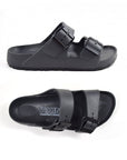Top and side view of grey EVA supportive sandal with two black buckle closures