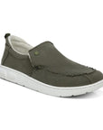 Olive green canvas shoe with white outsole.