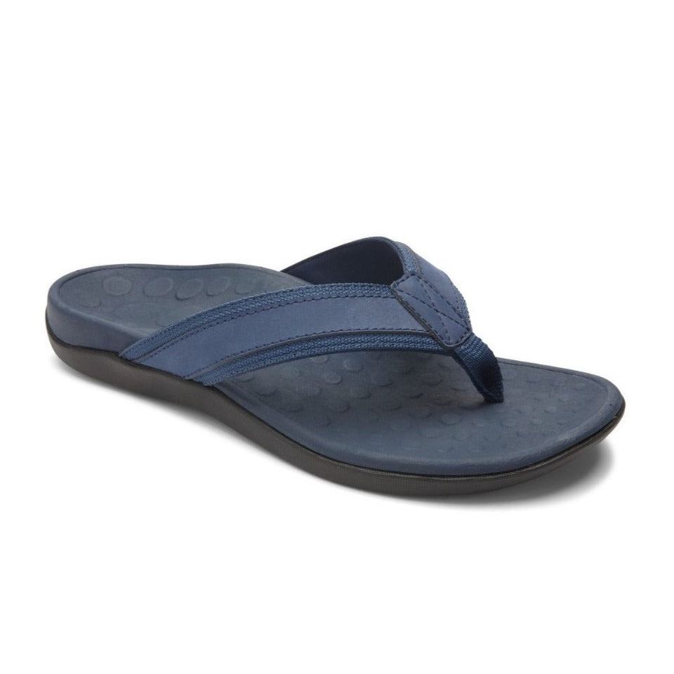 Navy toe post sandal with black outsole.