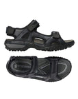 The  side view of the navy Regent sandal by Mephisto shows 2 velcro fasteners over foot and one at heel with thick outsole and top view shows black footbed with another view of straps