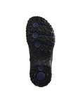 Black treaded outsole has blue shock absober circles on the Regent sandal by Mephisto