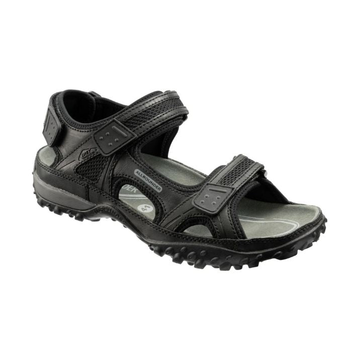 Black  Regent Sandal by Mephisto has two straps over foot and one behind him with an open toe and side