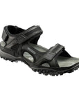 Black  Regent Sandal by Mephisto has two straps over foot and one behind him with an open toe and side