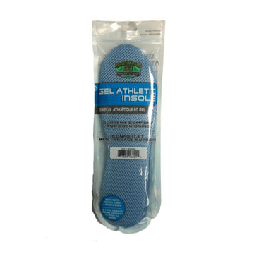Mens Blue insoles with gel support inside product bag packaging with instructions and brands info