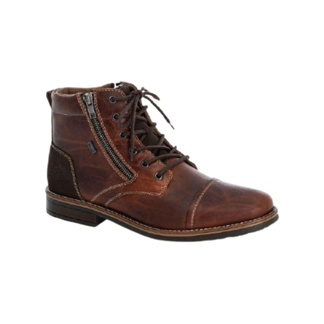 Men&#39;s work style boot with side zipper and laces in brown/amaretto has detailed stitching and shades