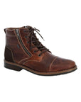 Men's work style boot with side zipper and laces in brown/amaretto has detailed stitching and shades