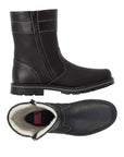 Top and side view of a black boot with wool lining and side zipper showing detailed stitching designs